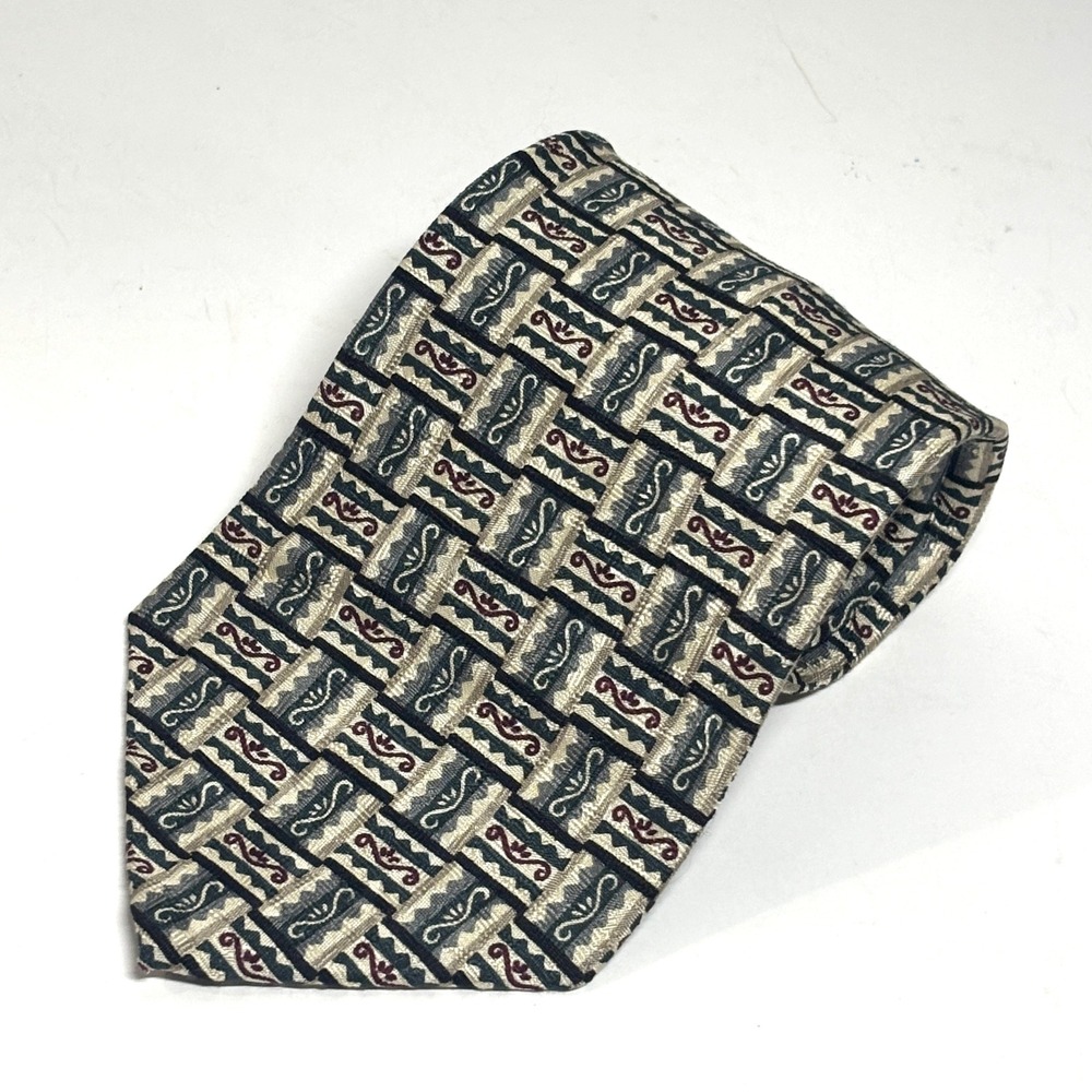 Claiborne Silk Necktie Mens OS Grey Black‎ Geometric Scroll Pattern Professional